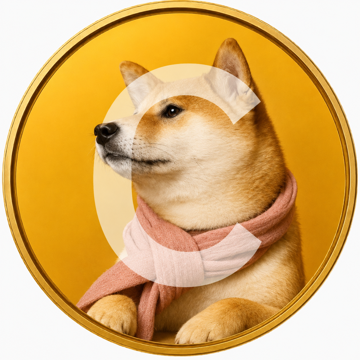 Golden $SUKI coin featuring Suki the Shiba Inu in her pink scarf